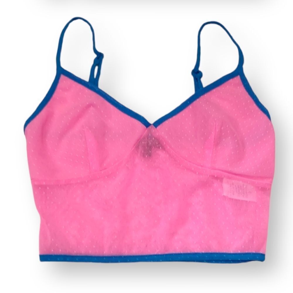 Dolls Kill Neon Pink Sheer Cropped Cami Tank  Blue Trim NWOT US Small